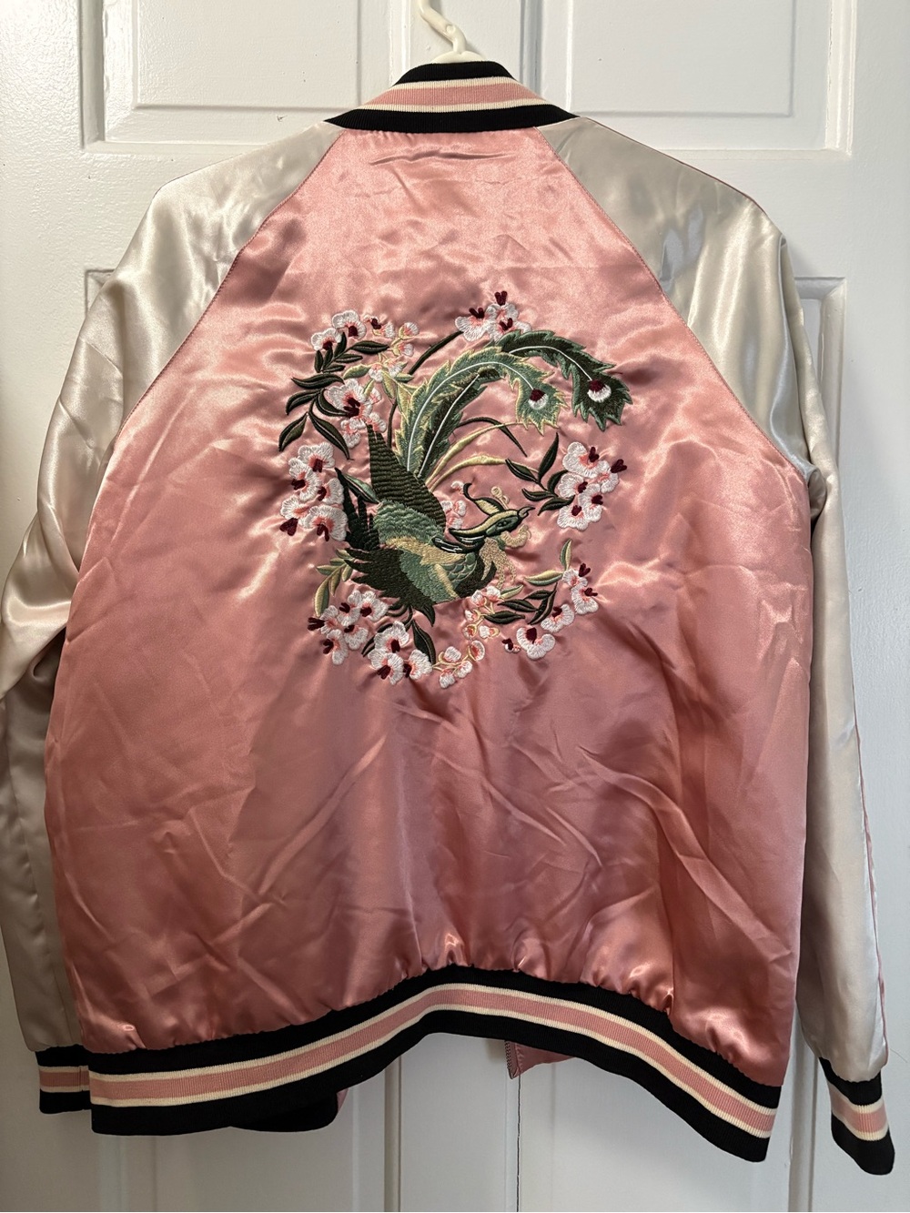 Forever 21 Haute Monde Pink and Ivory Satin Embroidered Bomber Jacket
